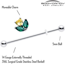 Load image into Gallery viewer, 14G Yellow Green CZ Gem Love Flower Industrial Barbell 38mm

