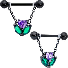 Load image into Gallery viewer, 14G 9/16 Purple CZ Gem Black Love Flower Dangle Nipple Ring Set
