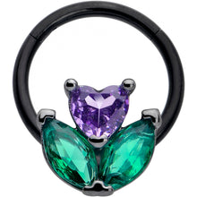 Load image into Gallery viewer, 16G 3/8 Purple Green CZ Gem Black Love Flower Hinged Segment Ring
