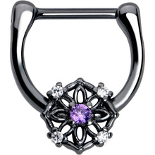 Load image into Gallery viewer, 16G 5/16 Purple Clear CZ Gem Black Flower Ring Cartilage Clicker
