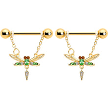 Load image into Gallery viewer, 14G 9/16 Green Gem Gold Tone Swank Dragonfly Dangle Nipple Ring Set
