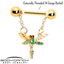 Load image into Gallery viewer, 14G 9/16 Green Gem Gold Tone Swank Dragonfly Dangle Nipple Ring Set
