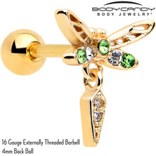 Load image into Gallery viewer, 16G 1/4 Green Gem Gold Tone Swank Dragonfly Dangle Cartilage Earring
