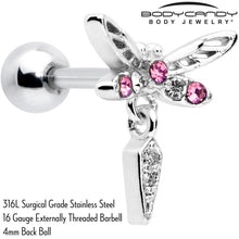 Load image into Gallery viewer, 16G 1/4 Pink Gem Swank Dragonfly Dangle Cartilage Earring
