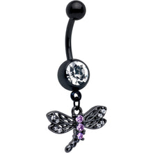 将图片加载到图库查看器，Purple CZ Gem Black Night Dragonfly Dangle Belly Ring
