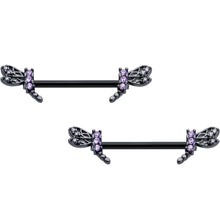 Load image into Gallery viewer, 14G 9/16 Purple CZ Gem Black Night Dragonfly Barbell Nipple Ring Set

