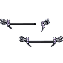 Load image into Gallery viewer, 14G 9/16 Purple CZ Gem Black Night Dragonfly Barbell Nipple Ring Set
