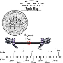 Load image into Gallery viewer, 14G 9/16 Purple CZ Gem Black Night Dragonfly Barbell Nipple Ring Set
