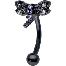 Load image into Gallery viewer, 16G 5/16 Purple CZ Gem Black Night Dragonfly Curved Eyebrow Ring
