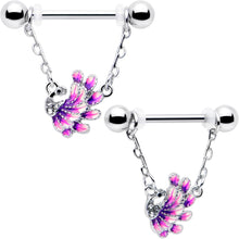 Load image into Gallery viewer, 14G 9/16 Clear Gem Peacock Purple Chain Dangle Nipple Ring Set
