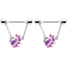 Load image into Gallery viewer, 14G 9/16 Clear Gem Peacock Purple Chain Dangle Nipple Ring Set
