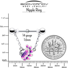 Load image into Gallery viewer, 14G 9/16 Clear Gem Peacock Purple Chain Dangle Nipple Ring Set
