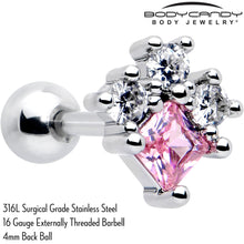 将图片加载到图库查看器，16G 1/4 Pink Clear CZ Gem Rhombus Riot Cartilage Tragus Earring

