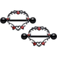 Load image into Gallery viewer, 14G 9/16 Red CZ Gem Black Leafy Heart Nipple Shield Set
