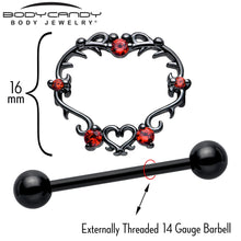 Load image into Gallery viewer, 14G 9/16 Red CZ Gem Black Leafy Heart Nipple Shield Set
