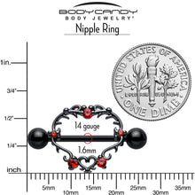 Load image into Gallery viewer, 14G 9/16 Red CZ Gem Black Leafy Heart Nipple Shield Set
