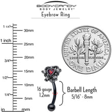 Load image into Gallery viewer, 16G 5/16 Red CZ Gem Black Double Heart Curved Eyebrow Ring
