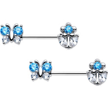 Load image into Gallery viewer, 14G 9/16 Blue CZ Gem Butterfly Fantasy Barbell Nipple Ring Set
