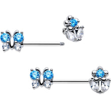 Load image into Gallery viewer, 14G 9/16 Blue CZ Gem Butterfly Fantasy Barbell Nipple Ring Set
