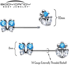 Load image into Gallery viewer, 14G 9/16 Blue CZ Gem Butterfly Fantasy Barbell Nipple Ring Set
