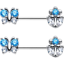 Load image into Gallery viewer, 14G 9/16 Blue CZ Gem Butterfly Fantasy Barbell Nipple Ring Set
