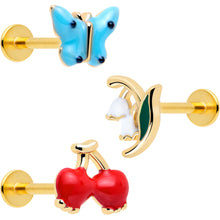 Load image into Gallery viewer, 16G 5/16 Gold Tone Cherry Flower Labret Monroe Tragus Set of 3
