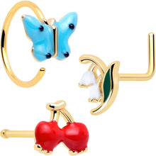 Load image into Gallery viewer, 20G Gold Tone Cherry Flower L Shape Nose Hoop Nose Bone Set of 3

