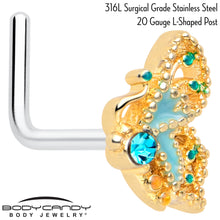 Load image into Gallery viewer, 20G 7mm Blue Gem Ribbon Butterfly L Shape Nose Ring
