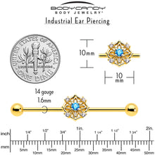 Load image into Gallery viewer, 14G Blue CZ Gem Gold Tone Flower Ring Industrial Barbell 38mm
