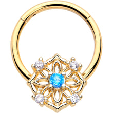 Load image into Gallery viewer, 16G 3/8 Blue CZ Gem Gold Tone Flower Ring Hinged Segment Ring
