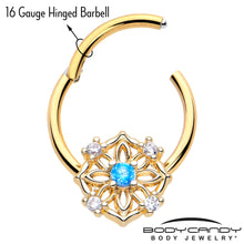 Load image into Gallery viewer, 16G 3/8 Blue CZ Gem Gold Tone Flower Ring Hinged Segment Ring
