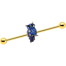 Load image into Gallery viewer, 14G Blue Gem Gold Tone Sky Owl Industrial Barbell 38mm
