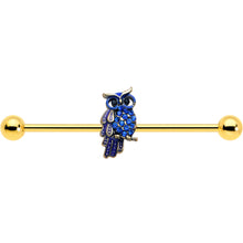 Load image into Gallery viewer, 14G Blue Gem Gold Tone Sky Owl Industrial Barbell 38mm
