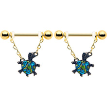 Load image into Gallery viewer, 14G 9/16 Blue Gem Gold Hue Sweet Sea Turtle Dangle Nipple Ring Set
