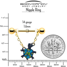 Load image into Gallery viewer, 14G 9/16 Blue Gem Gold Hue Sweet Sea Turtle Dangle Nipple Ring Set
