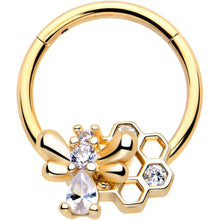 将图片加载到图库查看器，16G 3/8 Clear CZ Gem Gold Tone Bee Hive Luv Hinged Segment Ring
