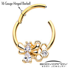 将图片加载到图库查看器，16G 3/8 Clear CZ Gem Gold Tone Bee Hive Luv Hinged Segment Ring

