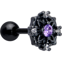 Load image into Gallery viewer, 16G 1/4 Purple CZ Gem Black Flower Ring Cartilage Tragus Earring
