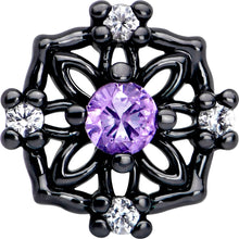 Load image into Gallery viewer, 16G 1/4 Purple CZ Gem Black Flower Ring Cartilage Tragus Earring
