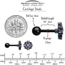 Load image into Gallery viewer, 16G 1/4 Purple CZ Gem Black Flower Ring Cartilage Tragus Earring
