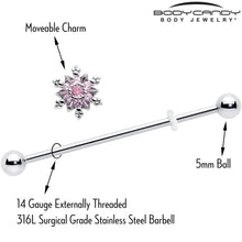 Load image into Gallery viewer, 14G Pink CZ Gem Snowflake Glam Industrial Barbell 38mm
