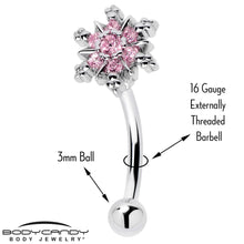 将图片加载到图库查看器，16G 5/16 Pink CZ Gem Snowflake Glam Curved Eyebrow Ring
