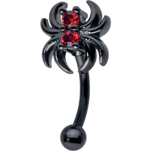 Load image into Gallery viewer, 16G 5/16 Red CZ Gem Black Sleek Spider Curved Eyebrow Ring
