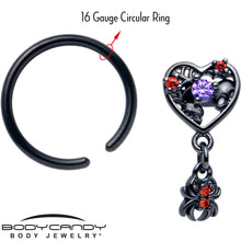 Load image into Gallery viewer, 16G 3/8 Red CZ Gem Black Heart Spider Skull Dangle BCR Captive Ring
