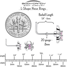 Load image into Gallery viewer, 20G 7mm Pink CZ Gem Sleek Spider L Shape Nose Ring
