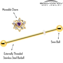 Load image into Gallery viewer, 14G Purple CZ Gem Gold Tone Heart of Love Industrial Barbell 38mm

