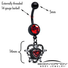 将图片加载到图库查看器，Red CZ Gem Black Double Heart Dangle Belly Ring
