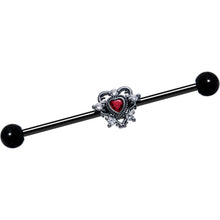 Load image into Gallery viewer, 14G Red CZ Gem Black Double Heart Industrial Barbell 38mm
