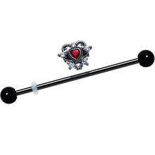 Load image into Gallery viewer, 14G Red CZ Gem Black Double Heart Industrial Barbell 38mm
