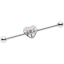 Load image into Gallery viewer, 14G Pink Gem Spiderweb Heart Love Industrial Barbell 38mm
